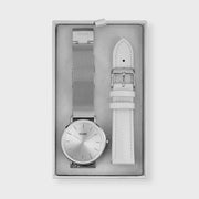 Gift Box Boho Chic Watch Mesh, Silver Colour & Grey Leather Strap