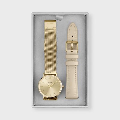 Gift Box Minuit Watch Mesh & Leather Strap, Gold Colour