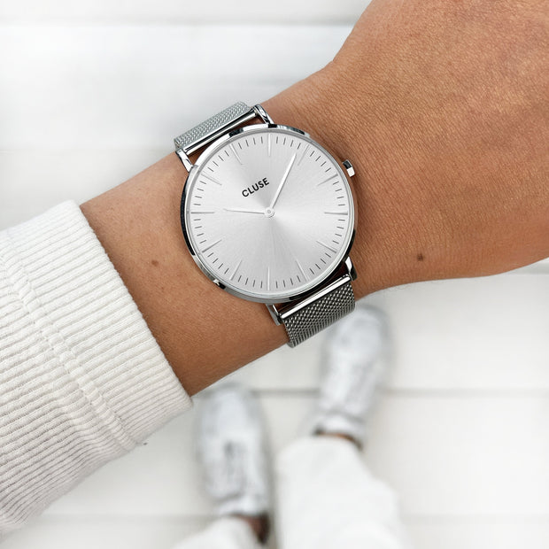 Gift Box Boho Chic Watch Mesh, Silver Colour & Grey Leather Strap