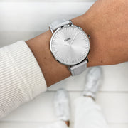 Gift Box Boho Chic Watch Mesh, Silver Colour & Grey Leather Strap